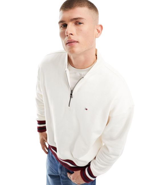 Tommy Hilfiger White Bold Global Stripe Half Zip Sweatshirt for men