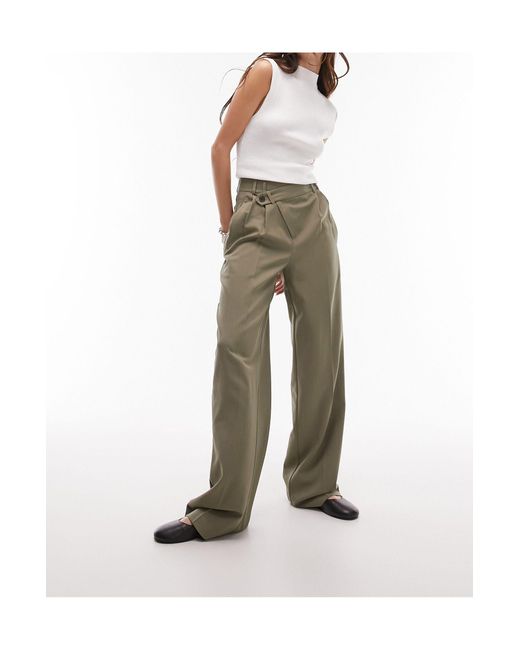 TOPSHOP Green Tailored Wrap Over Detail Pants