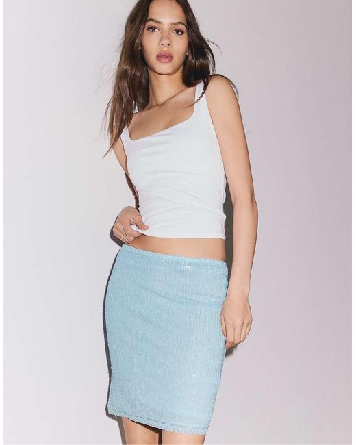 Stradivarius Blue Sequin Midi Skirt
