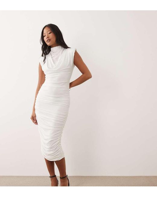 TFNC London Pink Slinky High Neck Shoulder Pad Drape Detail Midi Dress