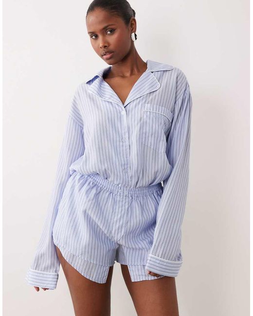 Noughts & Kisses Blue Button Up Wide Sleeve Shirt And Shorts Playsuit