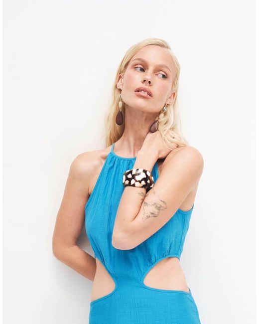 Kaiia Blue Exclusive Cotton Blend Halterneck Cut Out Detail Maxi Dress