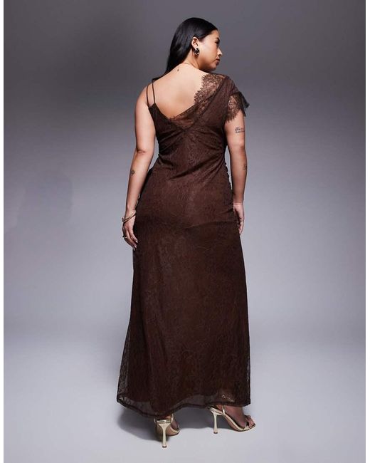 Vestido Largo Marrón Asimétrico De Tirantes Con Bajo De Corte Amplio De Encaje De Asos Design Curve ASOS de color Brown