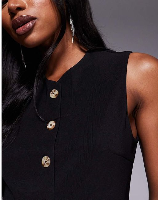 ASOS Geribbelde Gilettop Met V-Hals, Knoopsluiting En Lange Pasvorm in het Black