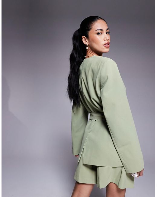 ASOS Natural Tie Waist Collarless Blazer Co-ord