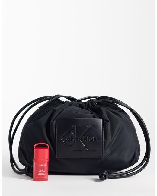 Calvin Klein Blue Nylon Drawstring Crossbody Bag With Bold Logo