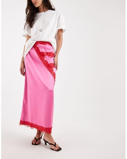Never Fully Dressed Pink Lace Trim Satin Maxi Skirt Co-Ord