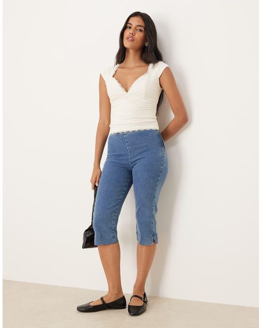 Abercrombie & Fitch Blue Short Sleeve Lace Sweetheart Top
