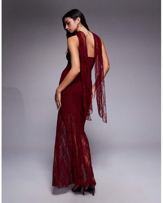 Fashionkilla Red Exclusive Double Sculpted Slinky Bandeau Sheer Lace Hem Scarf Detail Maxi Dress