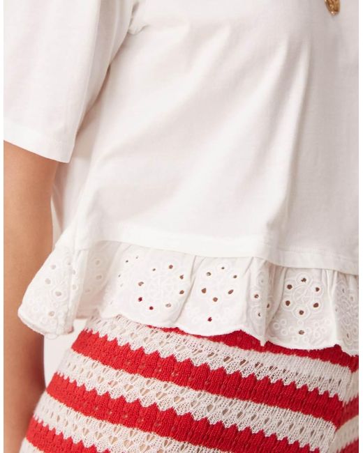Miss Selfridge Red Broderie Hem Short Sleeve T-Shirt