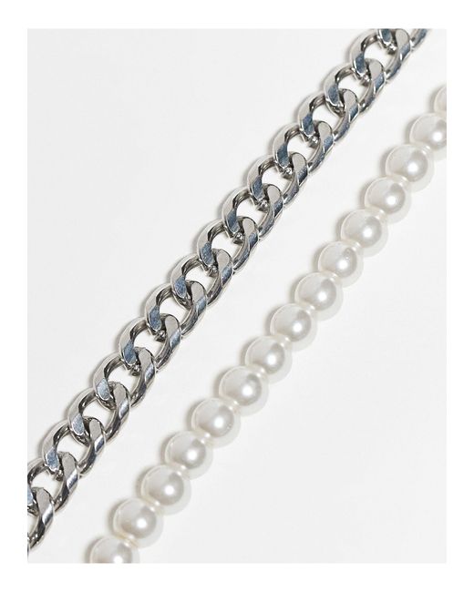 Confezione da 2 bracciali con catenina argentata e perle sintetiche da 6 mm di ASOS in White da Uomo