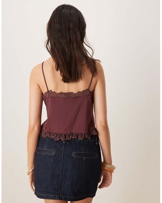 ASOS Top Van Gladde Stof Met Kanten Afwerking En Gestrikte Voorkant in het Blue