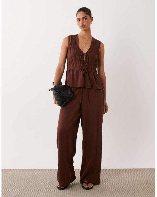 Nobody's Child Brown Linen Blend Ruched Tie Front Top