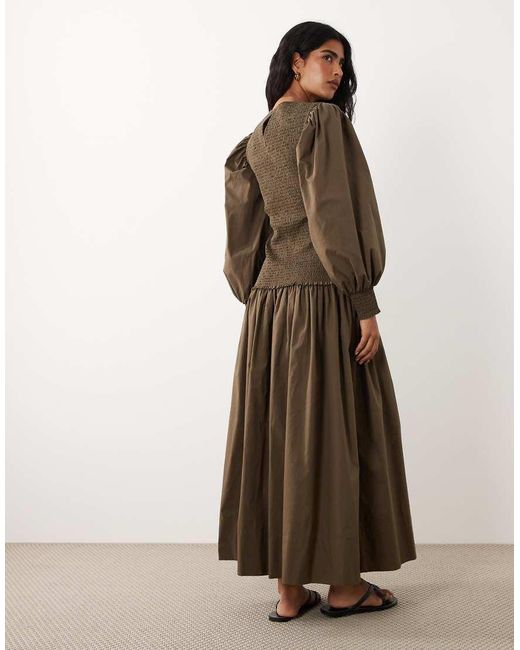 ASOS Brown Shirred Poplin Maxi Dress