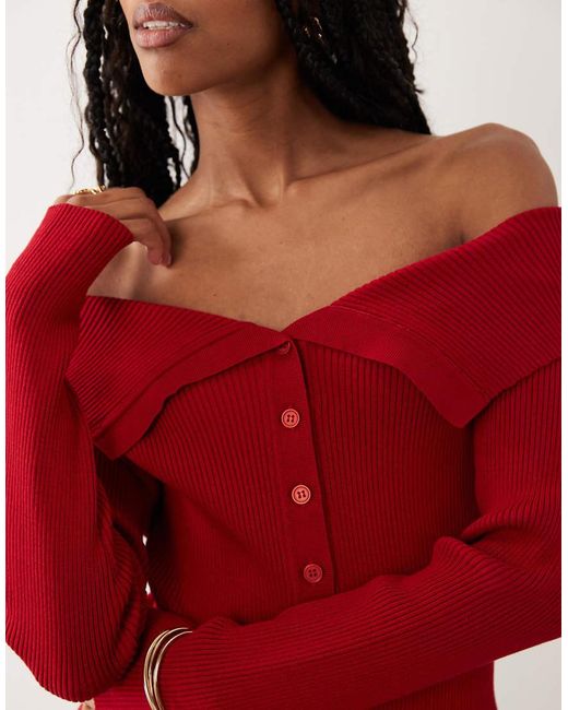 Miss Selfridge Red Fold Over Bardot Kitted Rib Top