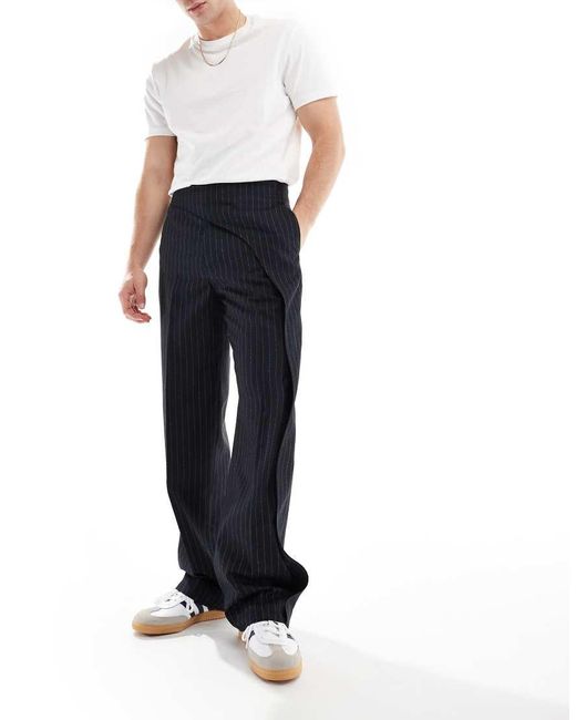 ASOS Black Smart Wide Leg Pin Stripe Pants With Asymmetric Waist Detail for men