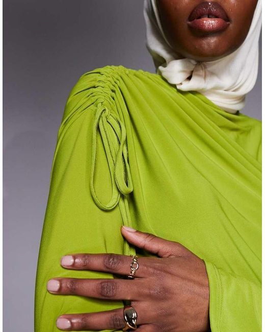 ASOS Green Draped High Neck Twist Waist Maxi Dress With Long Sleeve