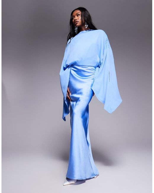 ASOS Chiffon Overlay Satin Bias Maxi Dress in Blue