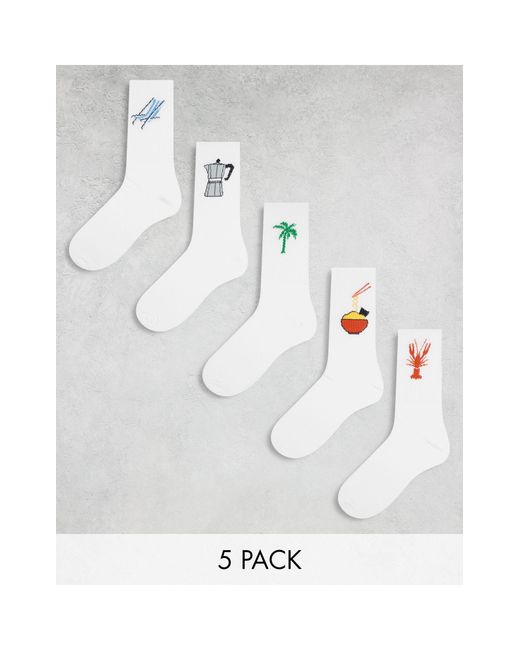 Confezione da 5 paia di calzini bianchi a tema vacanze di Jack & Jones in White da Uomo