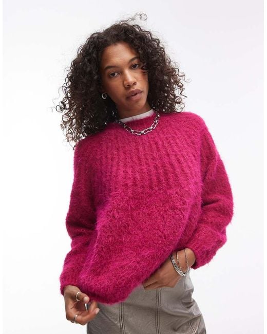 TOPSHOP Pink Knitted Super Fluffy Rib Detail Relaxed Jumper