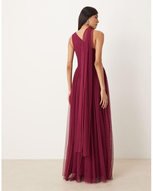 LACE & BEADS Red Bridesmaid One Shoulder Scarf Neck Maxi Dress