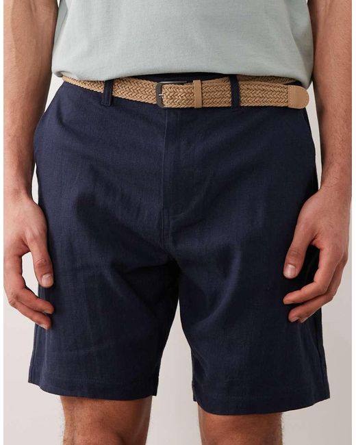 Threadbare Blue Linen Mix Chino Shorts With Belt for men