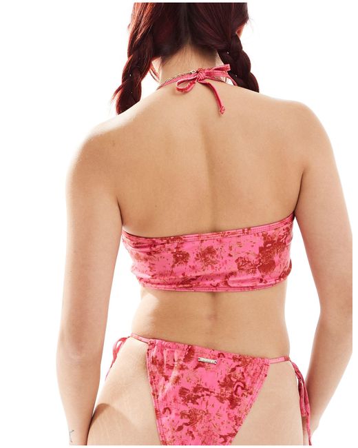 Reclaimed (vintage) Pink – lang geschnittenes, bedrucktes bikinioberteil mit makramee-detail