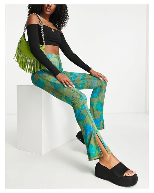 TOPSHOP Floral Mesh Seam Skinny Flare Trouser With Front Hem Splits in  Green