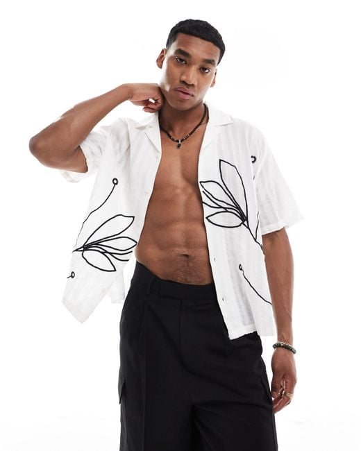 Bershka White Floral Embroidered Shirt for men