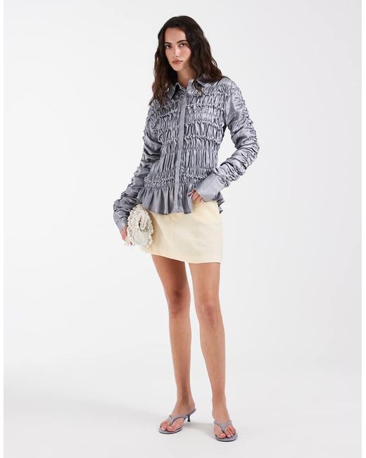Muse Assembly Blue Crushed Satin Ruched Shirt