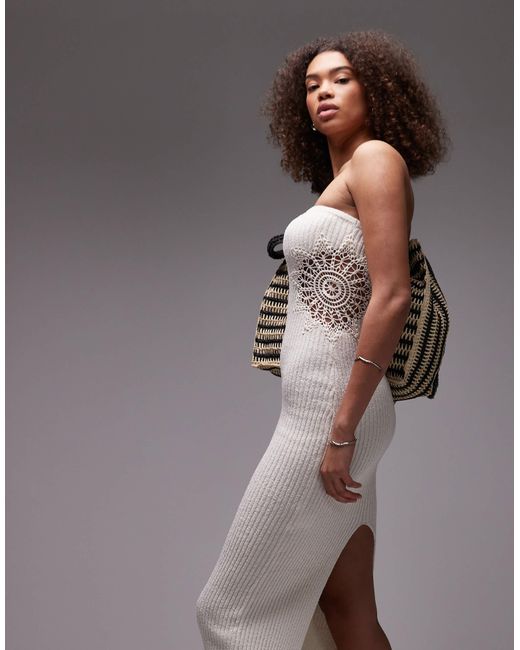 emory park Crochet Insert Knitted Bandeau Midi Dress in Gray | Lyst
