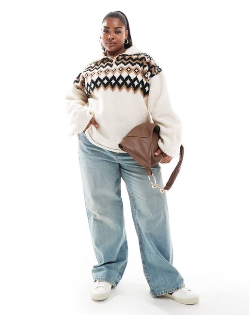 ASOS Blue Asos Design Curve Borg Half Zip With Fairisle Design