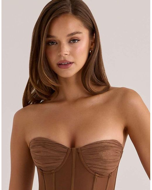 House Of Cb Brown Charlotte Bronze Shimmer Chiffon + Mesh Strapless Mini Dress