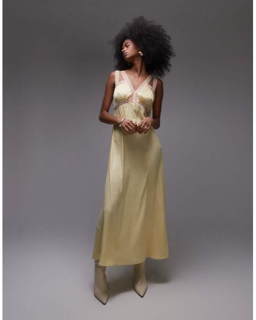TOPSHOP Yellow Lace Insert Midi Dress With Pleated Bust