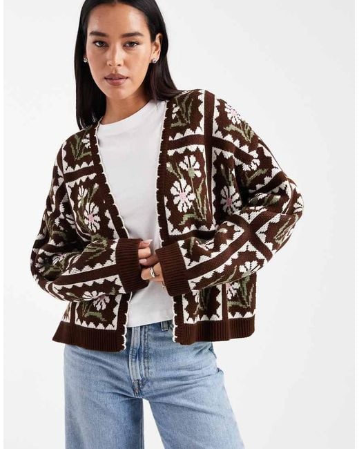Miss Selfridge Brown Floral Knit Open Cardigan