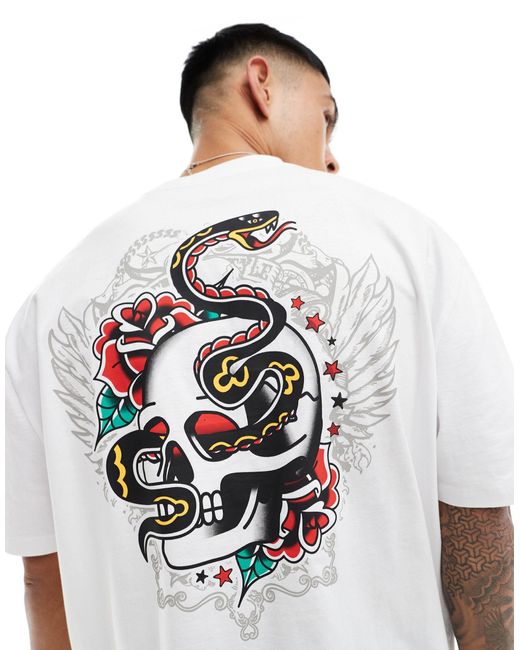 T-shirt oversize bianca con stampa di teschio e serpente sulla schiena di ASOS in White da Uomo