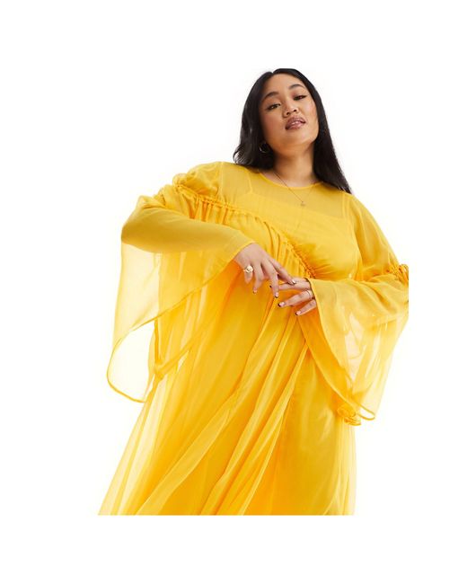 ASOS Yellow Curve Long Sleeve Chiffon Maxi Dress With Gathered Detail