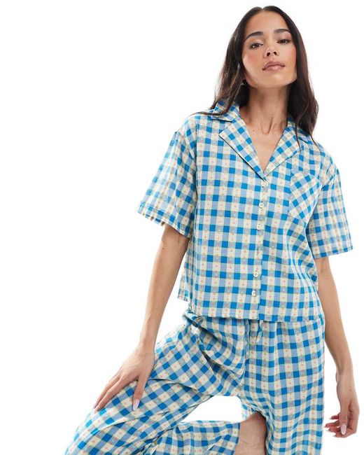 Daisy Street Blue Floral Check Pyjama Shirt