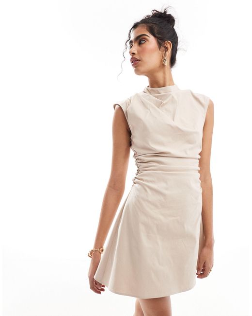 ASOS White Bengaline High Neck Sleeveless Mini Dress With Ruching Detail