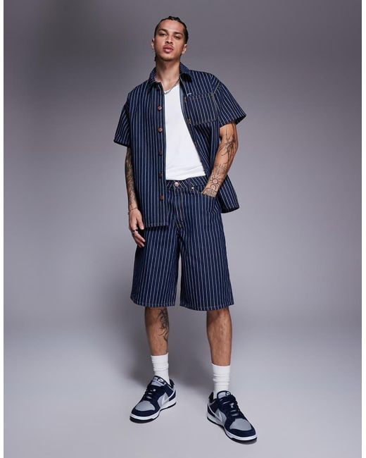 Liquor N Poker Blue Oversized Pinstripe Denim Jorts for men