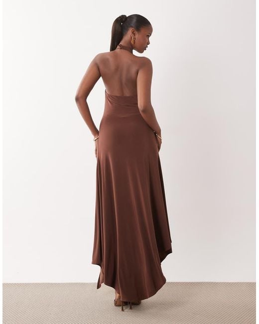 ASOS Brown Slinky Hanky Hem Dress With High Neck Cowl Detail