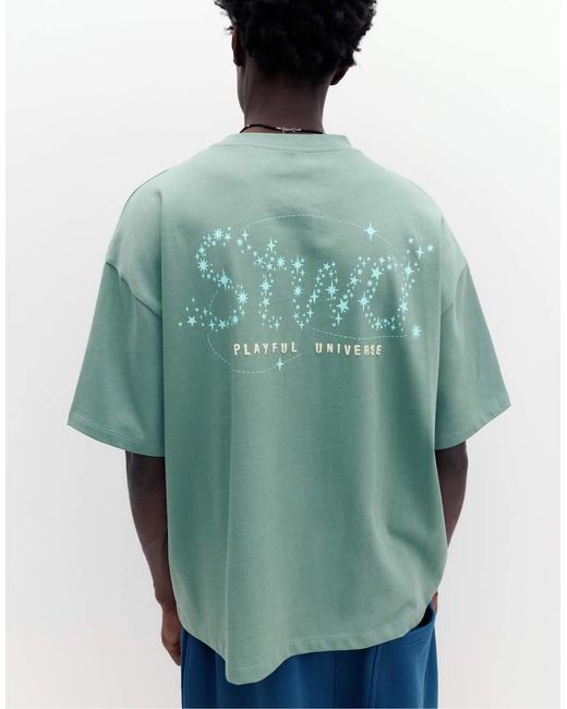 Pull&Bear Green Stwd T-shirt With Universe Graphic for men