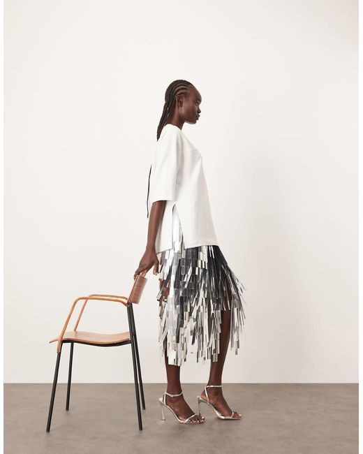 ARRANGE Natural Jumbo Shard Sequin Fringe Hem Midi Skirt