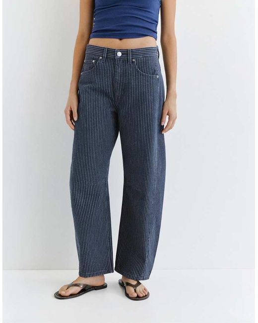 Pull&Bear Blue Striped Balloon Jeans With Seams