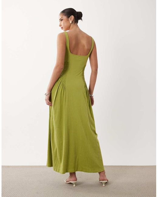 ASOS Green Crinkle Square Neck Panel Detail Midi Dress