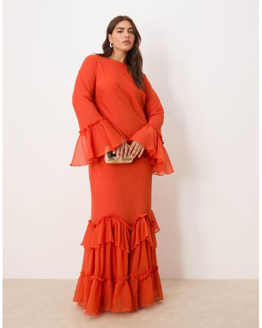 ASOS Red Asos design curve – gestuftes, langärmliges chiffon-maxikleid