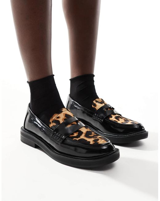 Pull&Bear Black Contrast Leopard Loafers
