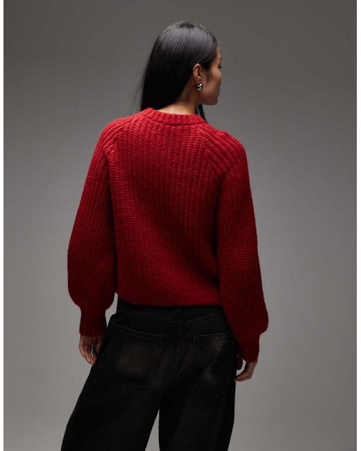 & Other Stories Red Alpaca And Wool Chunky Knit Cardigan With Balloon Sleeves