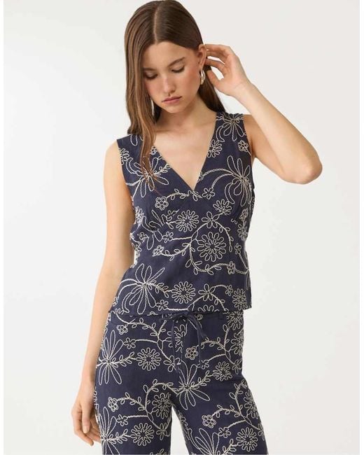 Stradivarius Blue Embroidered Linen Blend Top