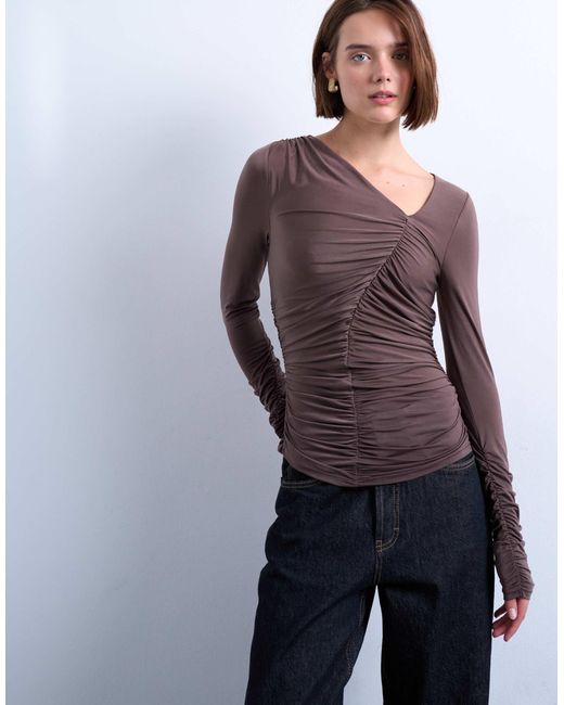 TOPSHOP Purple Asymmetric Ruched Long Sleeve Top